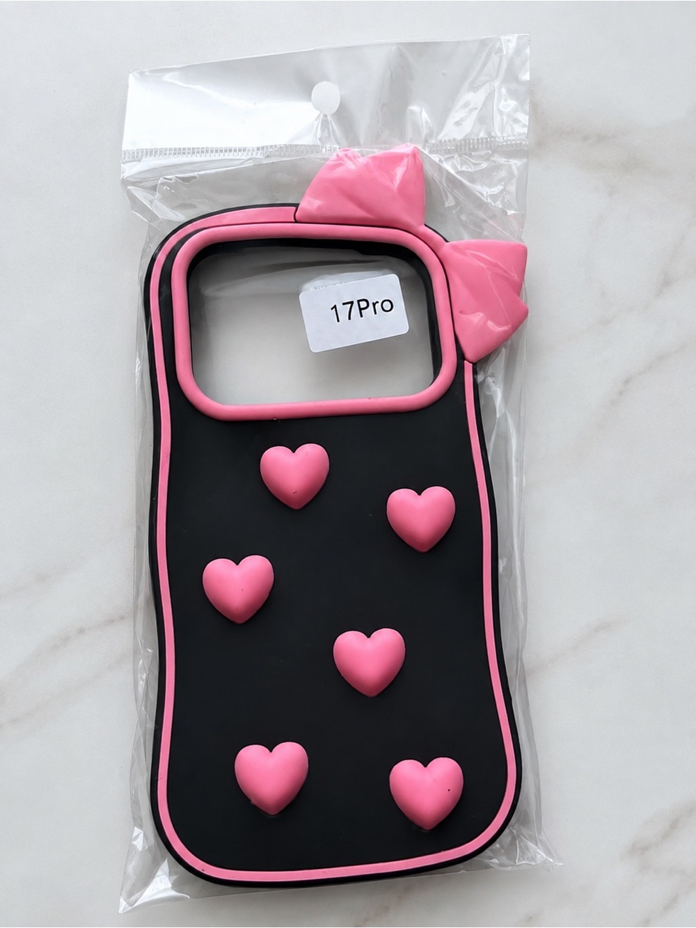 Black Silicone Phone Case with Pink Heart Accents for iPhone 17 Pro